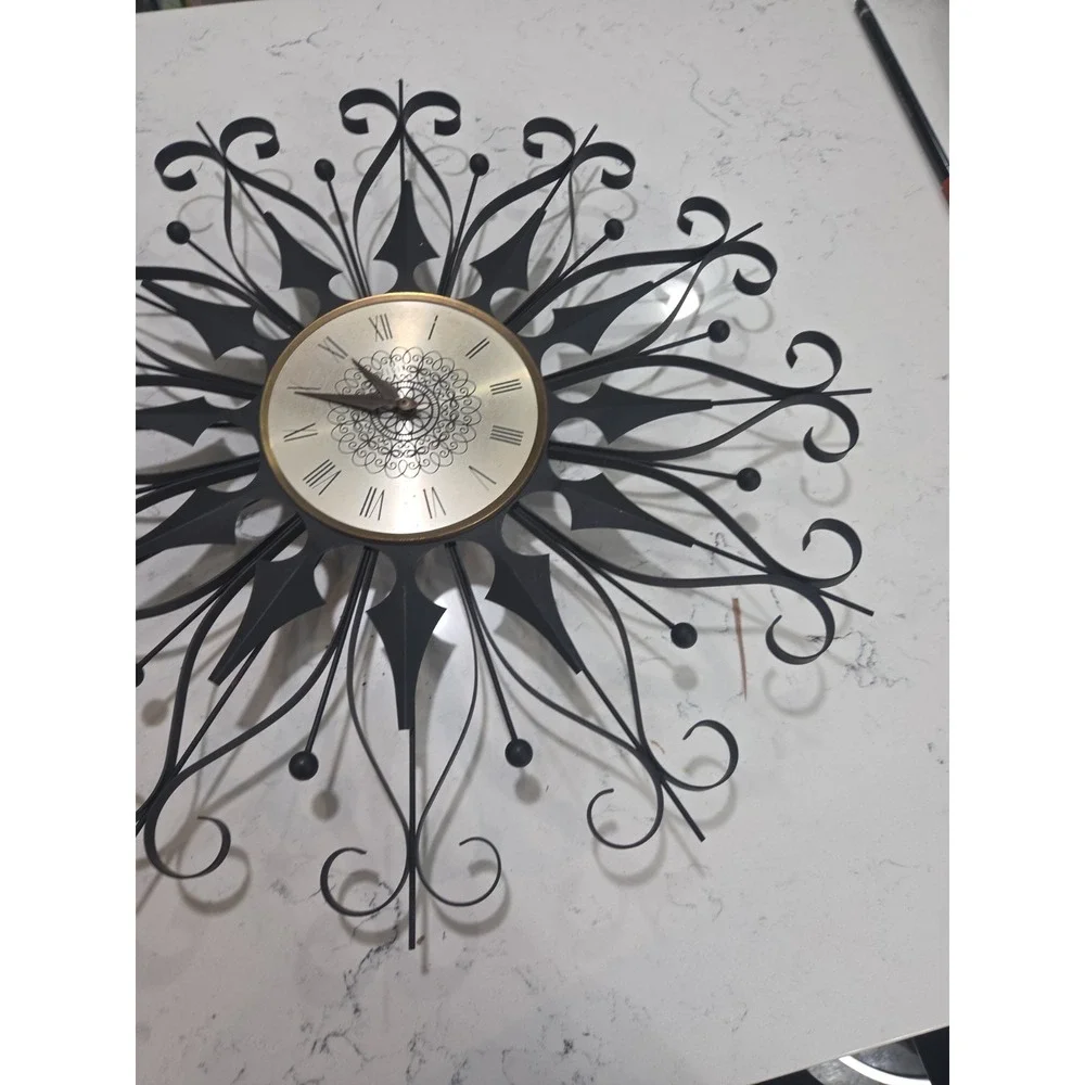 Elgin Mid Century Modern Black Wrought Iron Vintage Starburst Clock (working)